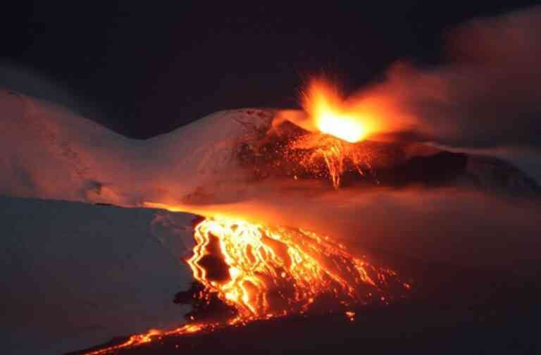 Η Αίτνα εκρήγνυται δημιουργώντας έναν “καμβά” από λάβα και χιόνι